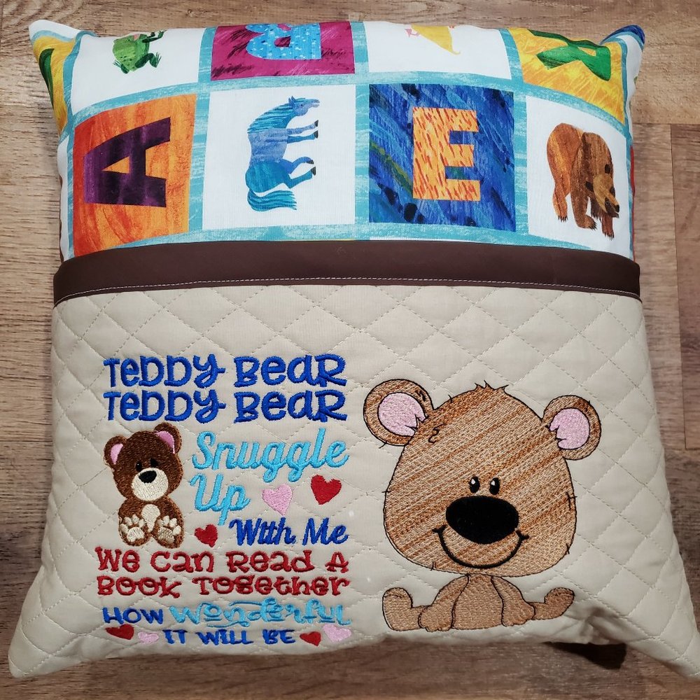 Teddy Bear Reading Book Pocket pillow embroidered 16"x16"